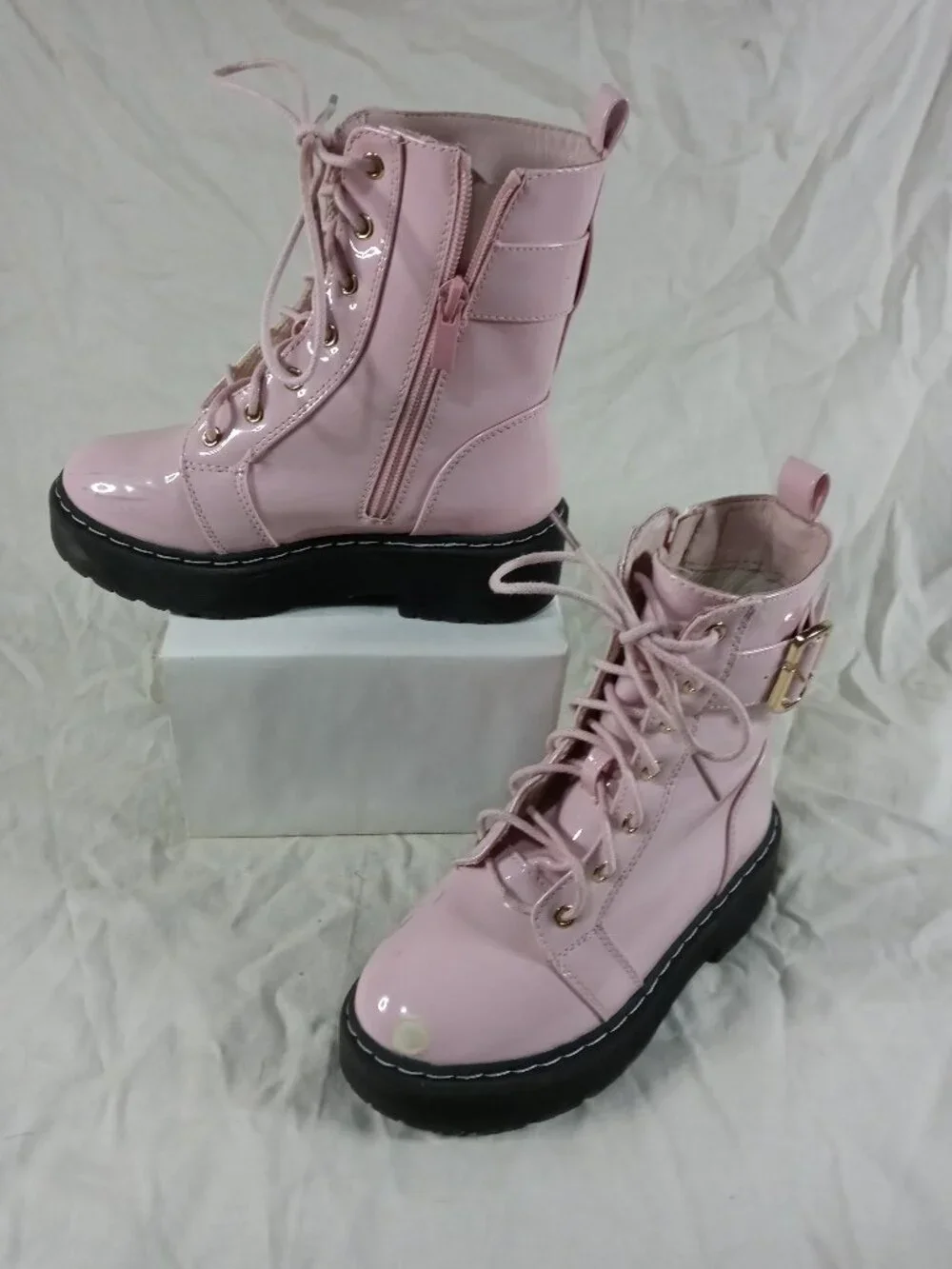 Shein Cute Pink Black Girls Lace & Zip Up Combat Style Boots Size 1 in Good Cond
